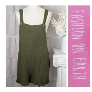 FASHION ON EARTH Linen Cotton Blend Olive Green Bib Short Overalls Size M